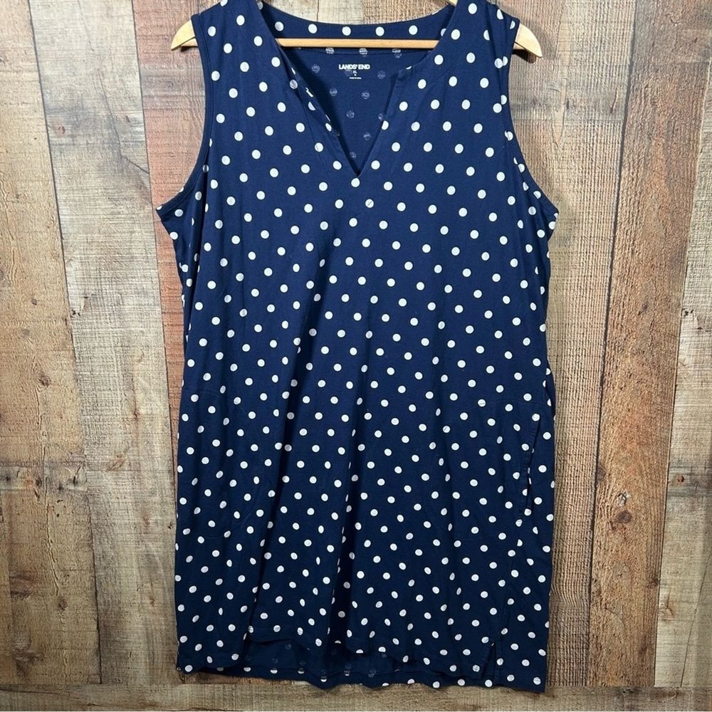 Lands End Polka Dot XL Navy Blue Dress Sleeveless Classic Cotton Pocket Casual